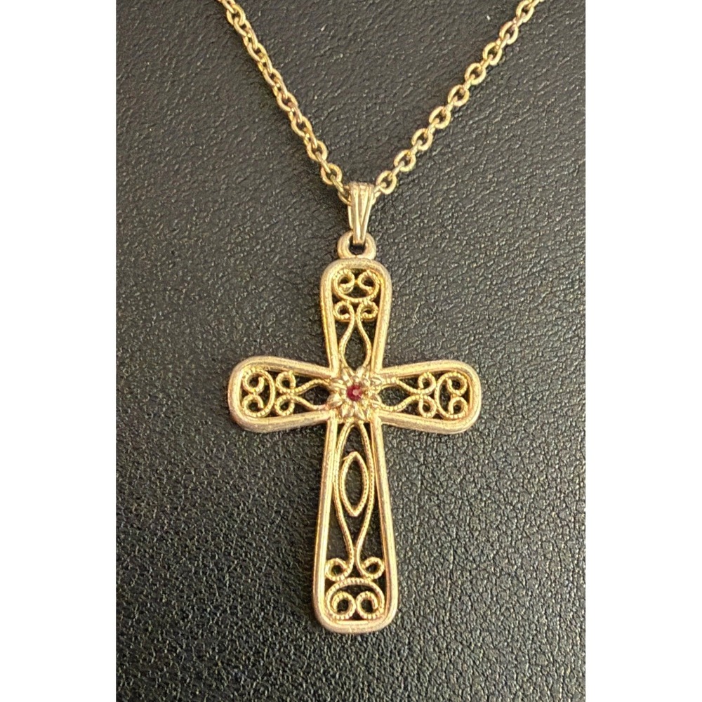 Vintage SARAH COVENTRY Cross Necklace Gold Tone Filigree Red Rhinestone